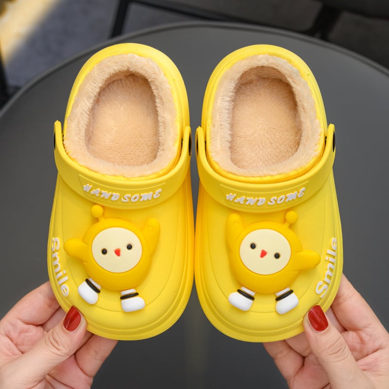 Papuci de interior pentru copii, model desen animat, partea superioară din PVC și talpa din PVC, impermeabile, căptușiți cu fleece