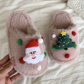 Gyerekeknek szóló plüss papucs zárt orrú, kartún mintával, PVC talppal, 4–12 éveseknek