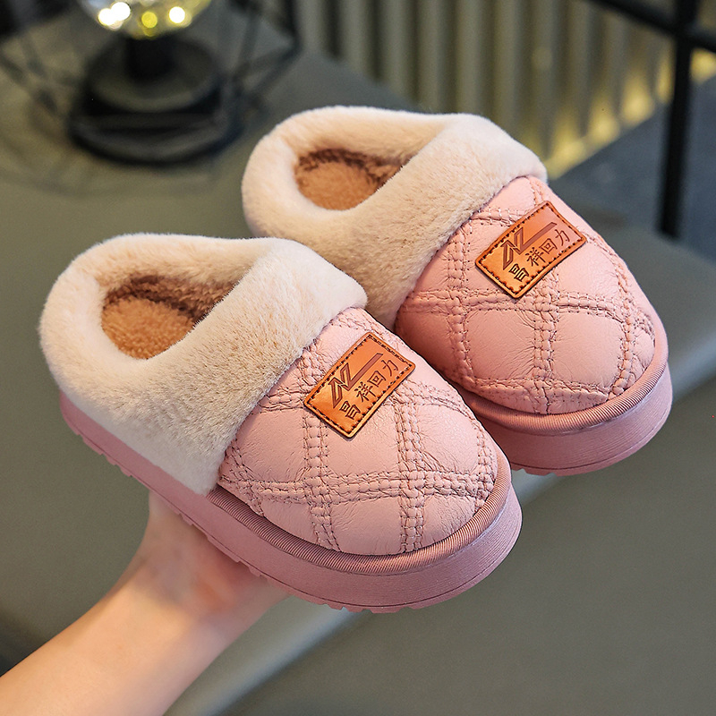 Uniszex gyerek pamut papucs, fleece béléssel, csúszásmentes PVC talppal, beltéri használatra télen