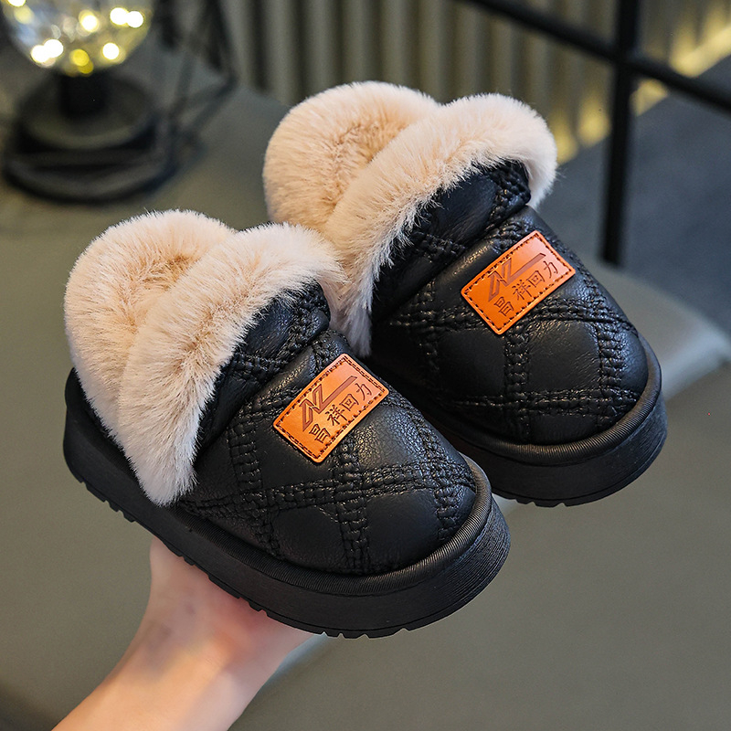 Uniszex gyerek pamut papucs, fleece béléssel, csúszásmentes PVC talppal, beltéri használatra télen