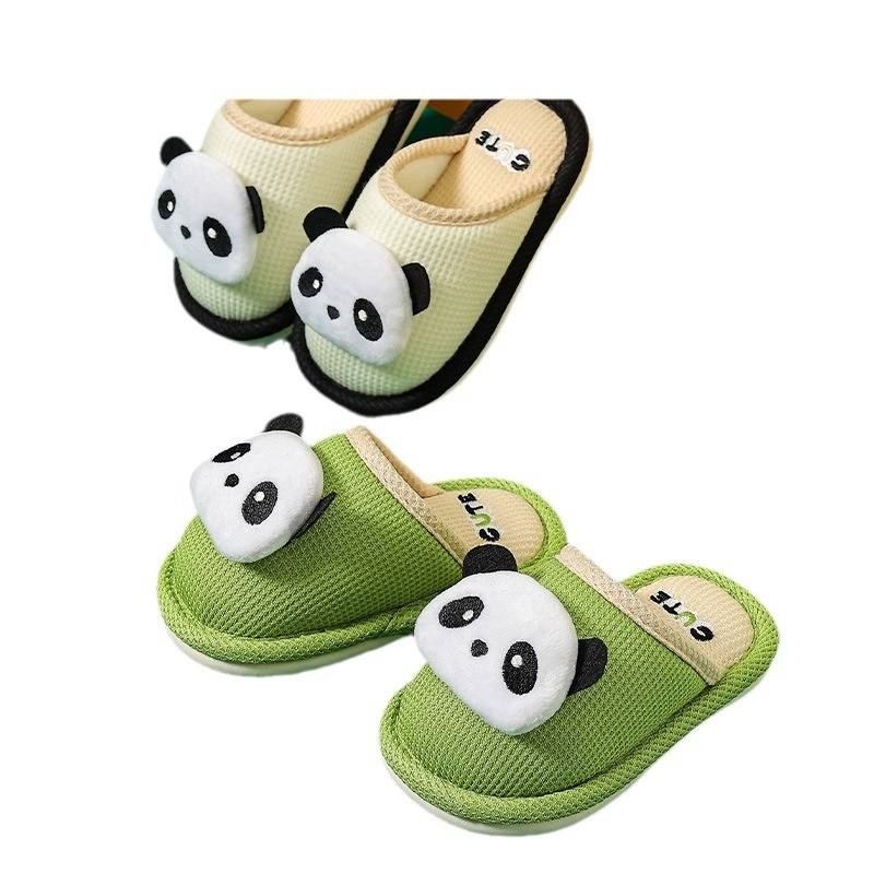 Uniszex beltéri papucsok len felülettel, reliefes textúra, csúszásmentes PVC talppal, Cartoon mintával, 1–12 éves gyerekeknek.