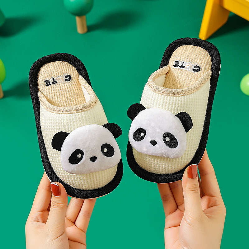 Uniszex beltéri papucsok len felülettel, reliefes textúra, csúszásmentes PVC talppal, Cartoon mintával, 1–12 éves gyerekeknek.