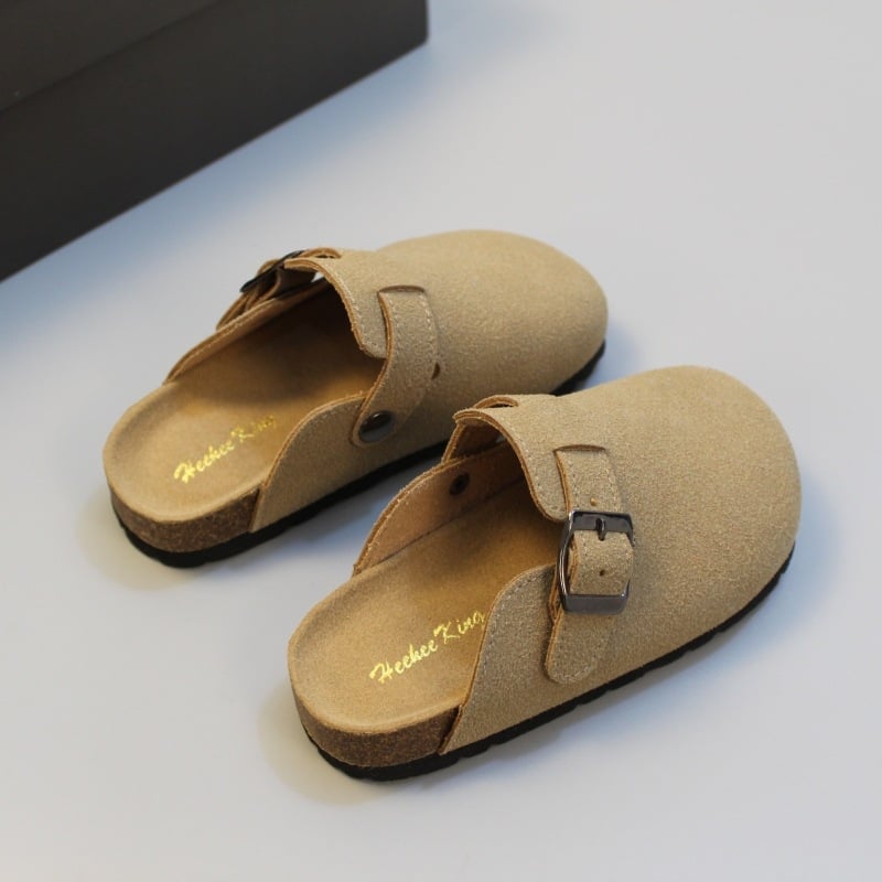 HEEMAKES Djeca cork papuče, jednofarbne, matirani goveđi nubuk gornji dio, gumena potplat, uzrast 4–16 godina