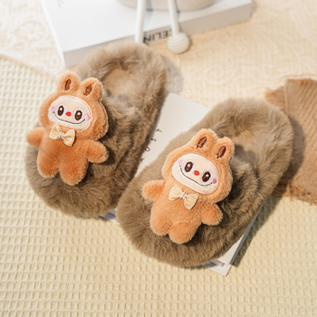 Papuci din lână pentru copii, partea superioară plușată, talpă din cauciuc, model desene animate, unisex, pentru vârste 4-16 ani