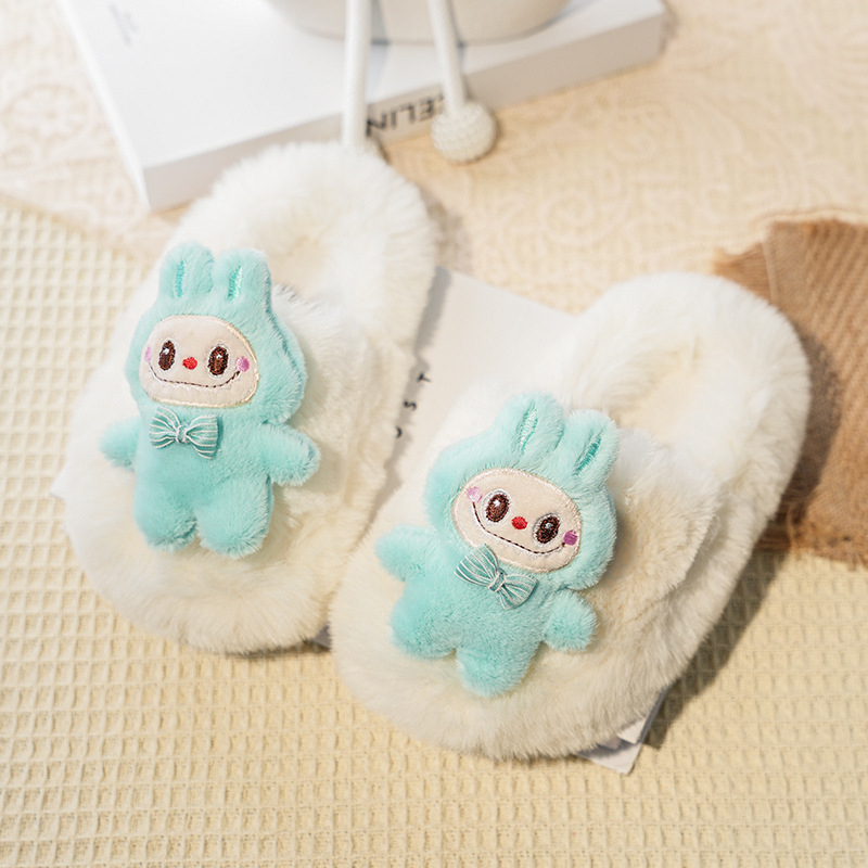 Papuci din lână pentru copii, partea superioară plușată, talpă din cauciuc, model desene animate, unisex, pentru vârste 4-16 ani