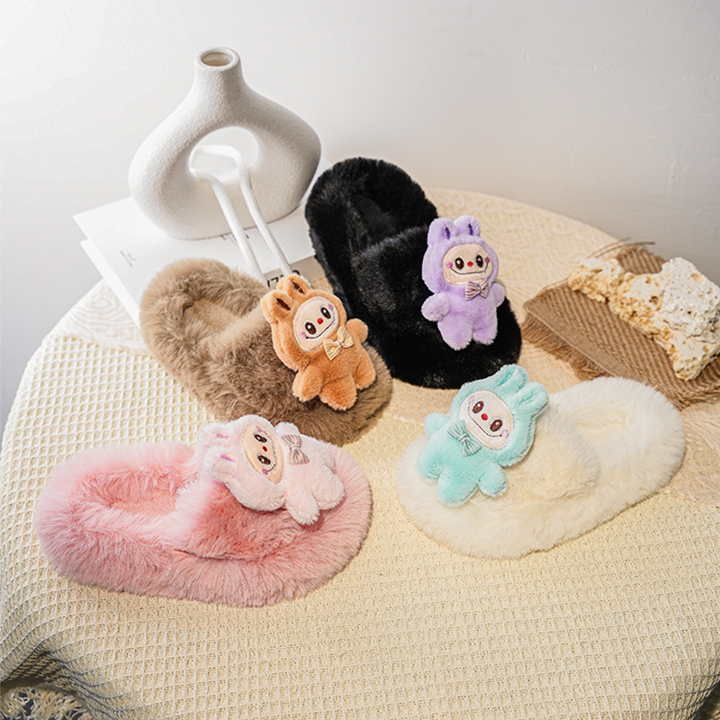 Papuci din lână pentru copii, partea superioară plușată, talpă din cauciuc, model desene animate, unisex, pentru vârste 4-16 ani