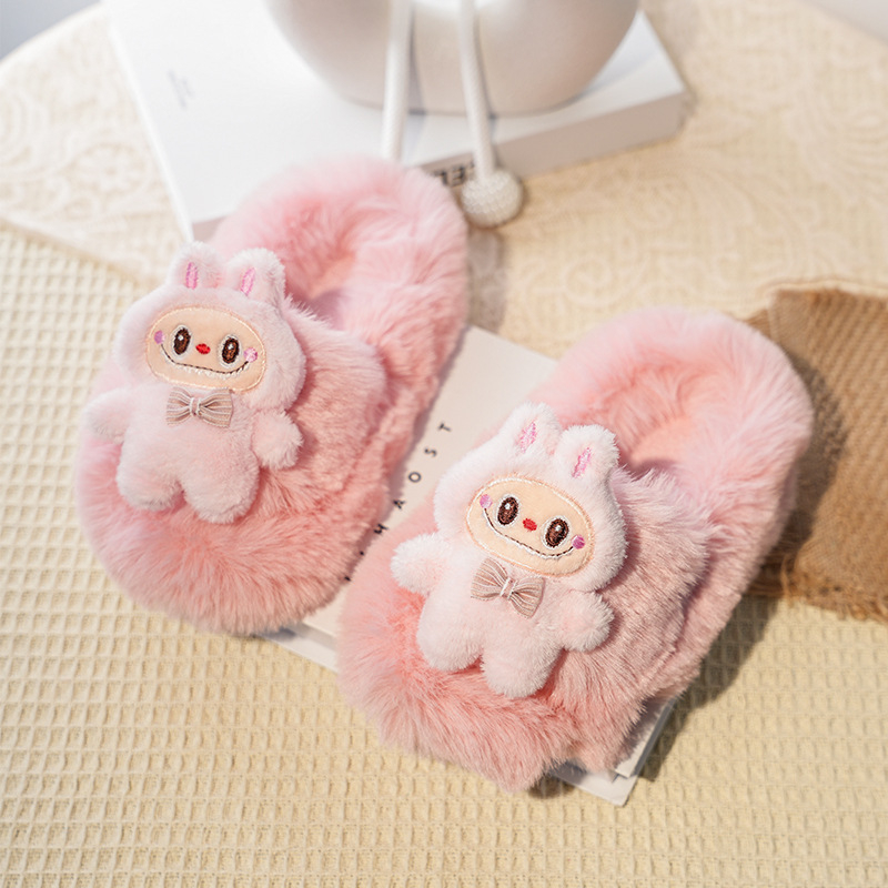 Papuci din lână pentru copii, partea superioară plușată, talpă din cauciuc, model desene animate, unisex, pentru vârste 4-16 ani