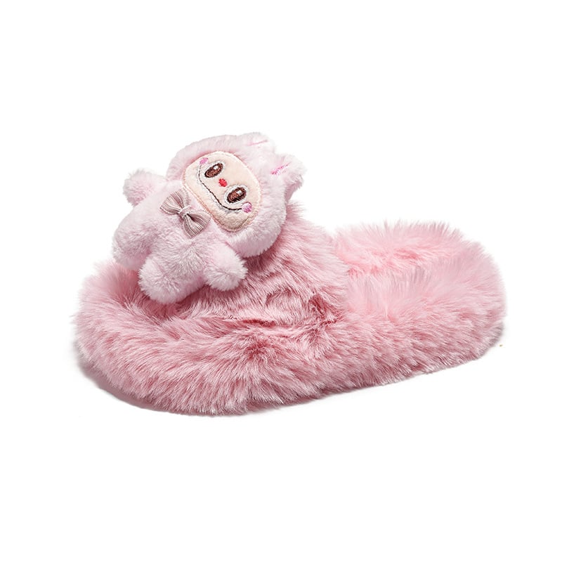 Papuci din lână pentru copii, partea superioară plușată, talpă din cauciuc, model desene animate, unisex, pentru vârste 4-16 ani