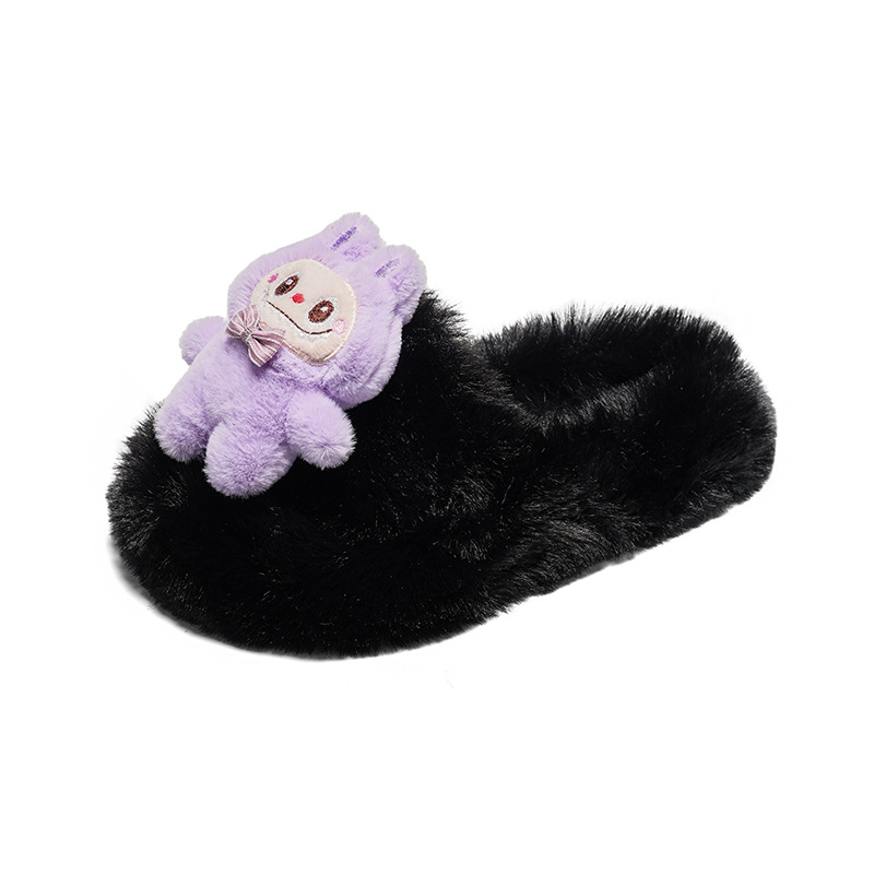 Papuci din lână pentru copii, partea superioară plușată, talpă din cauciuc, model desene animate, unisex, pentru vârste 4-16 ani