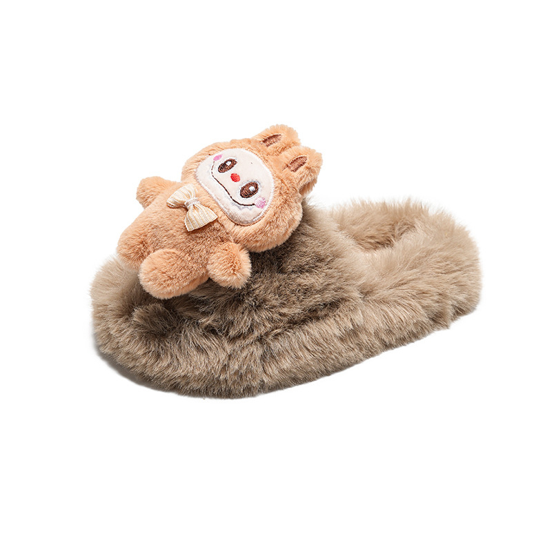 Papuci din lână pentru copii, partea superioară plușată, talpă din cauciuc, model desene animate, unisex, pentru vârste 4-16 ani