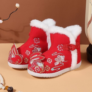 Pantofi tradiționali de iarnă din pânză pentru fete, model desen animat, talpă din cauciuc, închidere cu cataramă