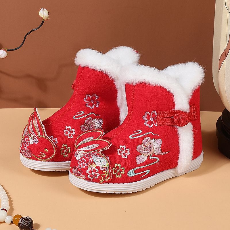 Pantofi tradiționali de iarnă din pânză pentru fete, model desen animat, talpă din cauciuc, închidere cu cataramă