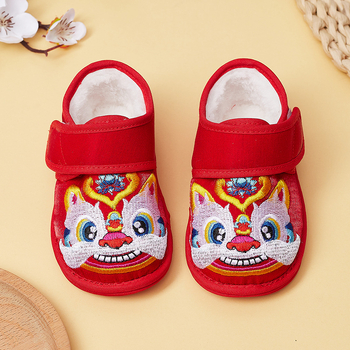 Pantofi pentru copii 1–3 ani cu Velcro - model animal brodat, talpă din țesătură moale, construcție groasă