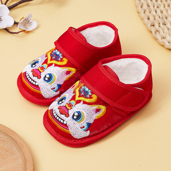 Pantofi pentru copii 1–3 ani cu Velcro - model animal brodat, talpă din țesătură moale, construcție groasă