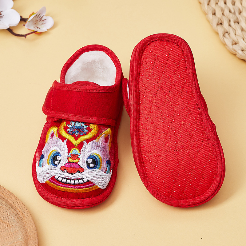 Pantofi pentru copii 1–3 ani cu Velcro - model animal brodat, talpă din țesătură moale, construcție groasă