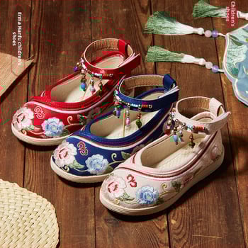 Tradiciniai audinio batai mergaitei su siuvinėtu gėlių raštu, Velcro užsegimas, viršutinė dalis iš medvilnės audinio, kvėpuojantys ir lengvi vaikams 4–12 metų