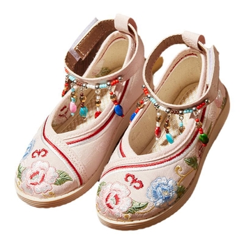 Pantofi tradiționali din pânză pentru fete cu model floral brodat, închidere Velcro, partea superioară din bumbac, respirabili și ușori pentru copii 4–12 ani