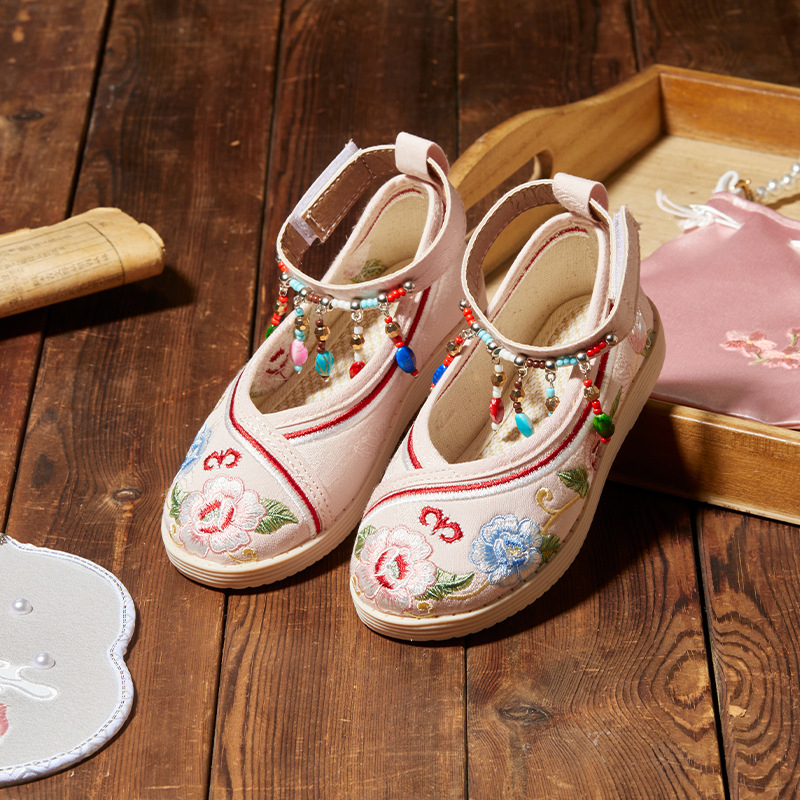 Pantofi tradiționali din pânză pentru fete cu model floral brodat, închidere Velcro, partea superioară din bumbac, respirabili și ușori pentru copii 4–12 ani