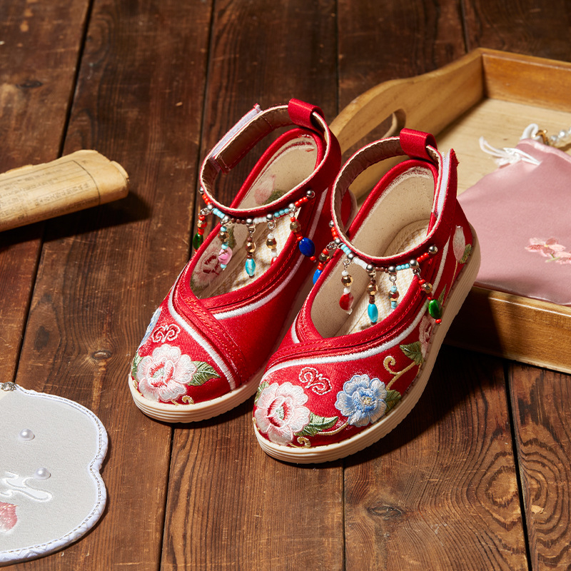 Pantofi tradiționali din pânză pentru fete cu model floral brodat, închidere Velcro, partea superioară din bumbac, respirabili și ușori pentru copii 4–12 ani