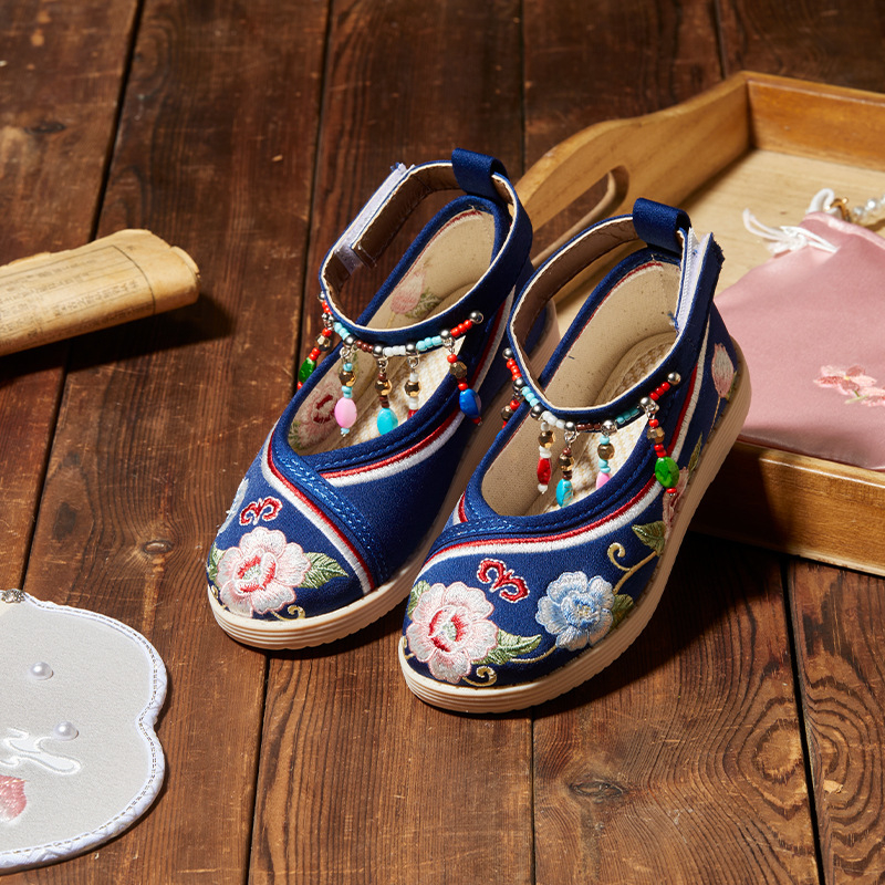 Pantofi tradiționali din pânză pentru fete cu model floral brodat, închidere Velcro, partea superioară din bumbac, respirabili și ușori pentru copii 4–12 ani