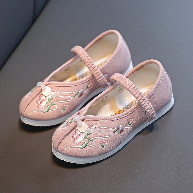 Pantofi tradiționali din pânză pentru fete – Model brodat cu mărgele, Închidere cu elastic, Partea superioară din bumbac, Respirabili, Talpă antiderapantă