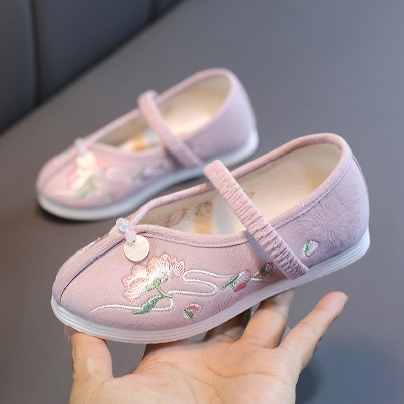 Pantofi tradiționali din pânză pentru fete – Model brodat cu mărgele, Închidere cu elastic, Partea superioară din bumbac, Respirabili, Talpă antiderapantă