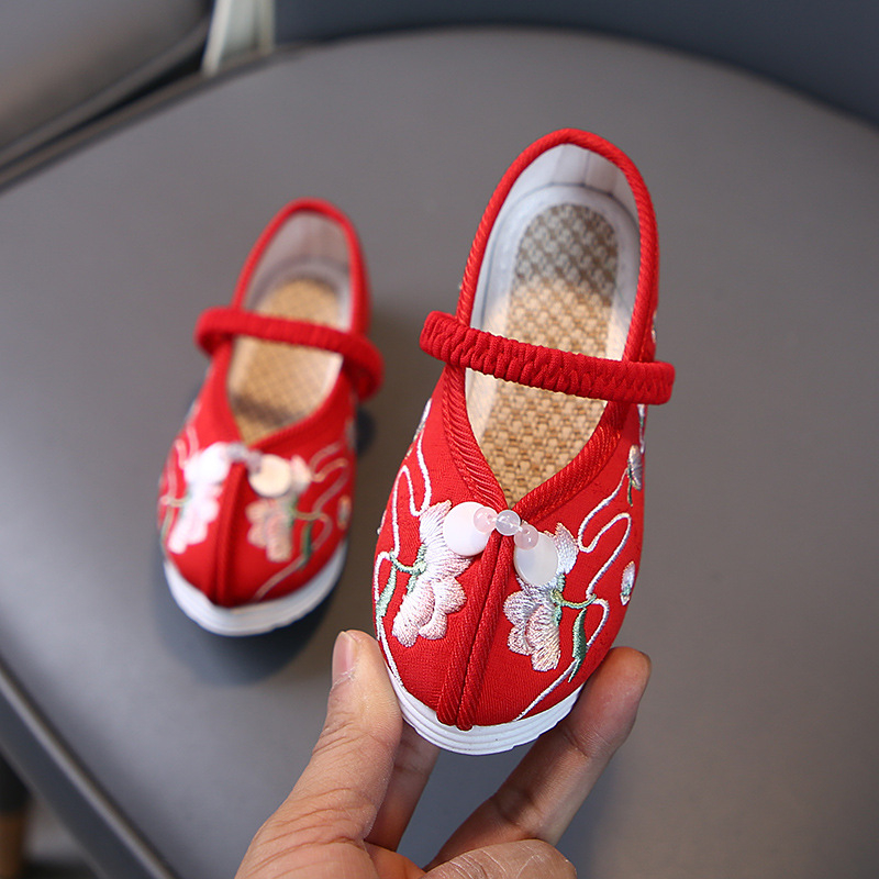 Pantofi tradiționali din pânză pentru fete – Model brodat cu mărgele, Închidere cu elastic, Partea superioară din bumbac, Respirabili, Talpă antiderapantă