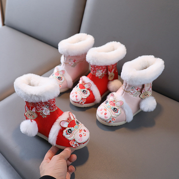 Pantofi copii din stofă, broderie, Hanfu stil, căptușeală din fleece, talpă din cauciuc, model animal