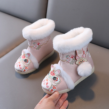 Pantofi copii din stofă, broderie, Hanfu stil, căptușeală din fleece, talpă din cauciuc, model animal