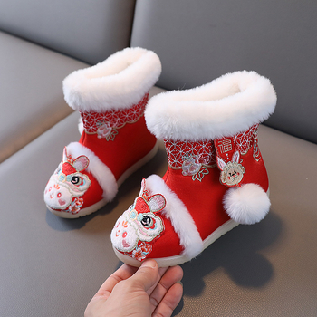 Pantofi copii din stofă, broderie, Hanfu stil, căptușeală din fleece, talpă din cauciuc, model animal