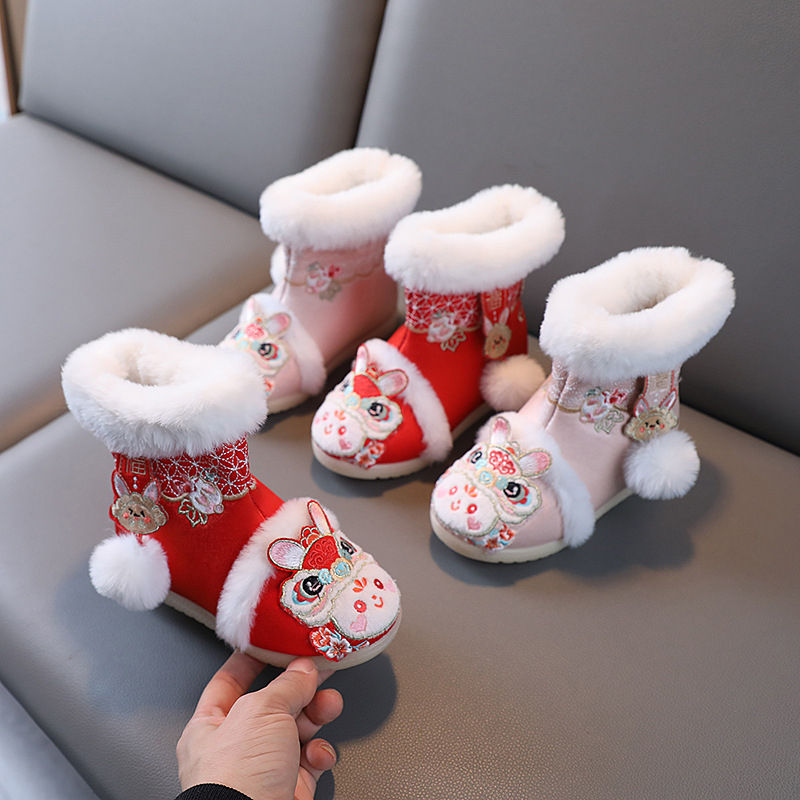 Pantofi copii din stofă, broderie, Hanfu stil, căptușeală din fleece, talpă din cauciuc, model animal