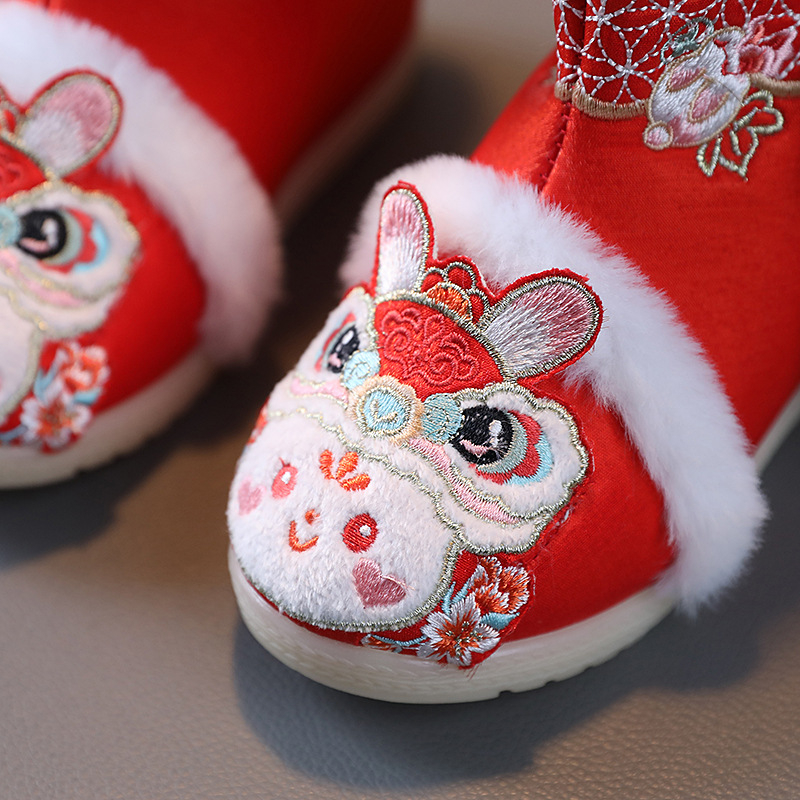Pantofi copii din stofă, broderie, Hanfu stil, căptușeală din fleece, talpă din cauciuc, model animal