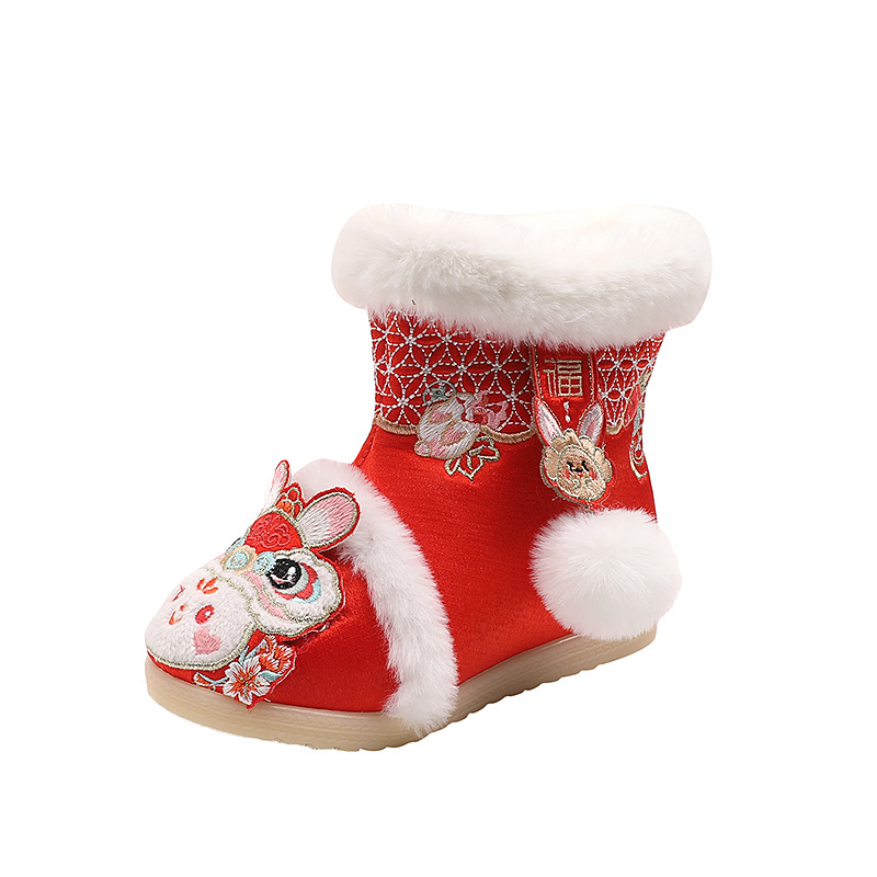 Pantofi copii din stofă, broderie, Hanfu stil, căptușeală din fleece, talpă din cauciuc, model animal