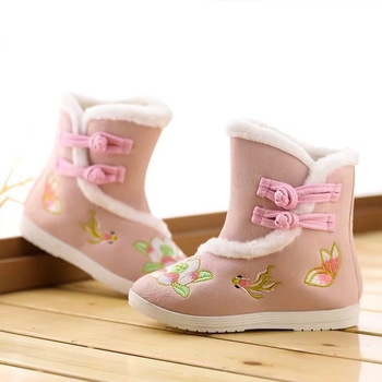 Pantofi Tiger-head pentru copii, cizme de iarnă din bumbac, stil Hanfu, monocrom, pentru dans modern, vârsta 7–12 ani