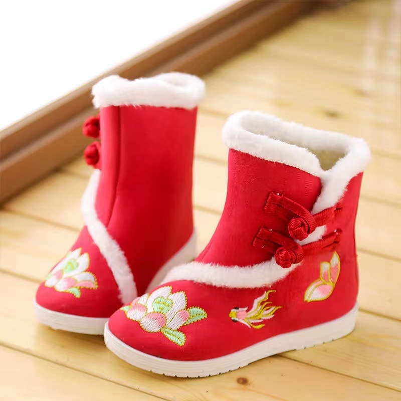 Pantofi Tiger-head pentru copii, cizme de iarnă din bumbac, stil Hanfu, monocrom, pentru dans modern, vârsta 7–12 ani