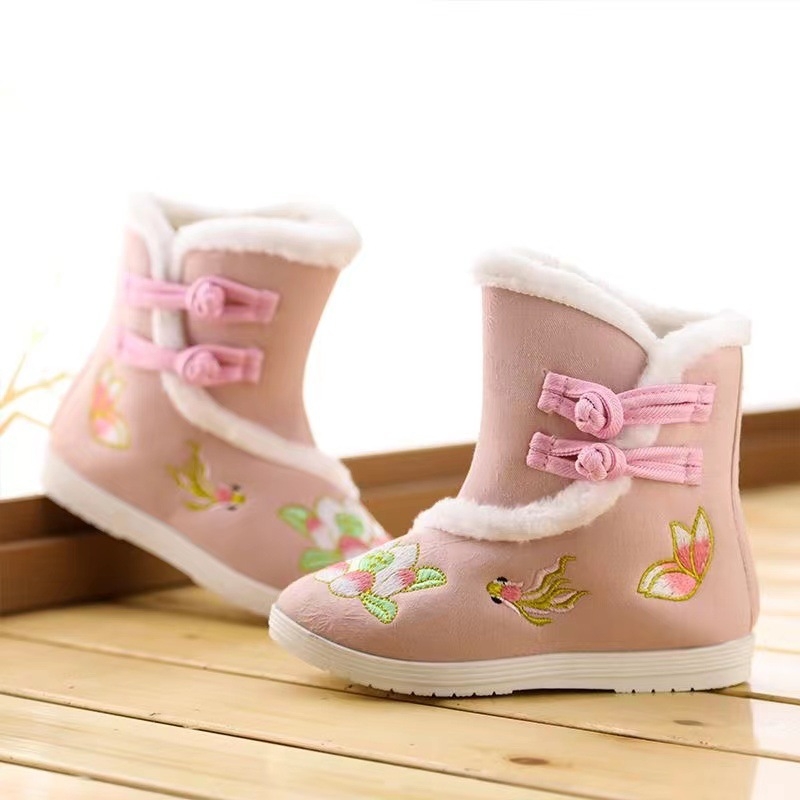 Pantofi Tiger-head pentru copii, cizme de iarnă din bumbac, stil Hanfu, monocrom, pentru dans modern, vârsta 7–12 ani