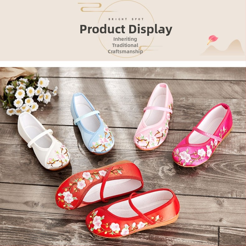 Mergaitėms siuvinėti baleto bateliai - etninis kinų stilius, dryželiai, PU viršus, plastikinis padas, kvėpuojantys