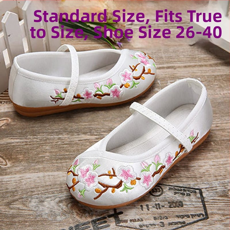 Mergaitėms siuvinėti baleto bateliai - etninis kinų stilius, dryželiai, PU viršus, plastikinis padas, kvėpuojantys