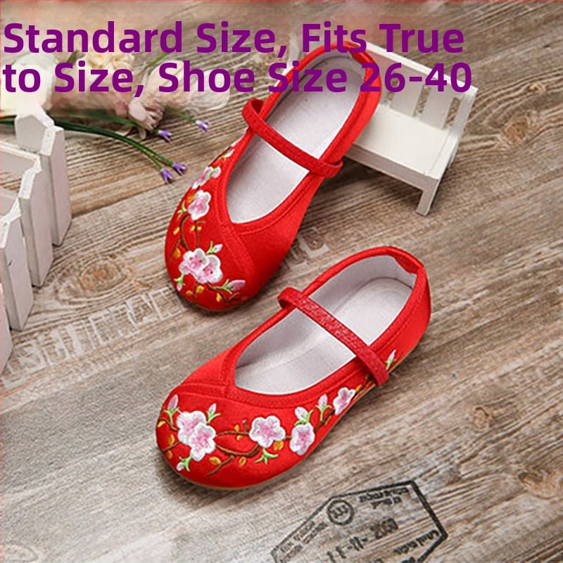 Mergaitėms siuvinėti baleto bateliai - etninis kinų stilius, dryželiai, PU viršus, plastikinis padas, kvėpuojantys