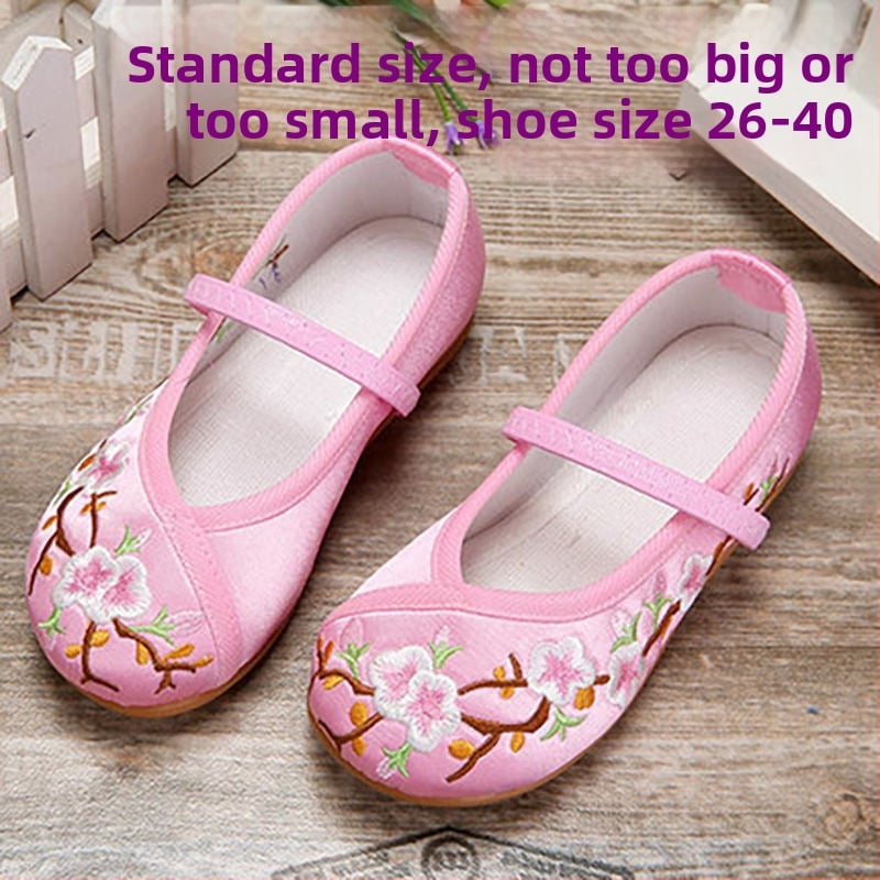 Mergaitėms siuvinėti baleto bateliai - etninis kinų stilius, dryželiai, PU viršus, plastikinis padas, kvėpuojantys