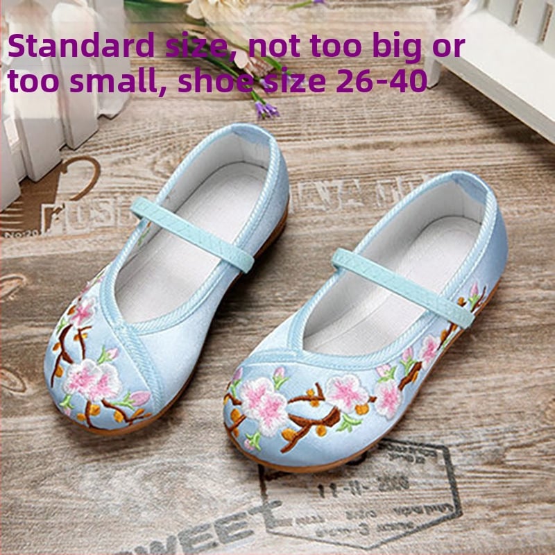 Mergaitėms siuvinėti baleto bateliai - etninis kinų stilius, dryželiai, PU viršus, plastikinis padas, kvėpuojantys