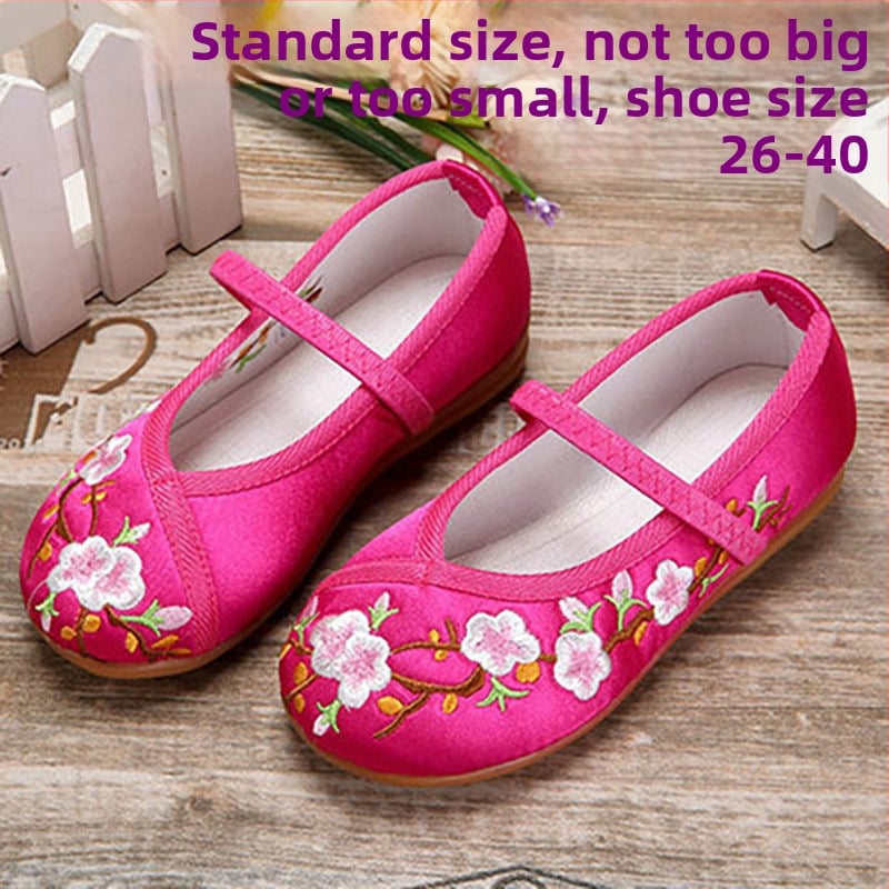 Mergaitėms siuvinėti baleto bateliai - etninis kinų stilius, dryželiai, PU viršus, plastikinis padas, kvėpuojantys