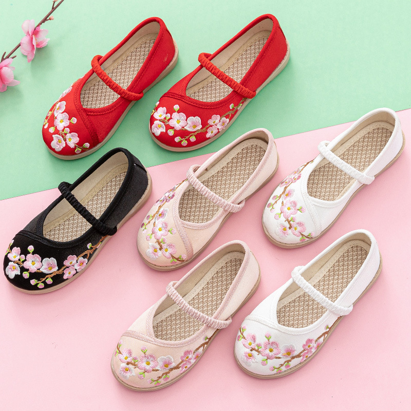 Hanfu tenisice za djevojčice – izvezeni gornji dio od svile, gumeni potplat, elastično kopčanje, karikaturni uzorak, prozračan i lagan Hanfu model za uzrast 1–16 godina