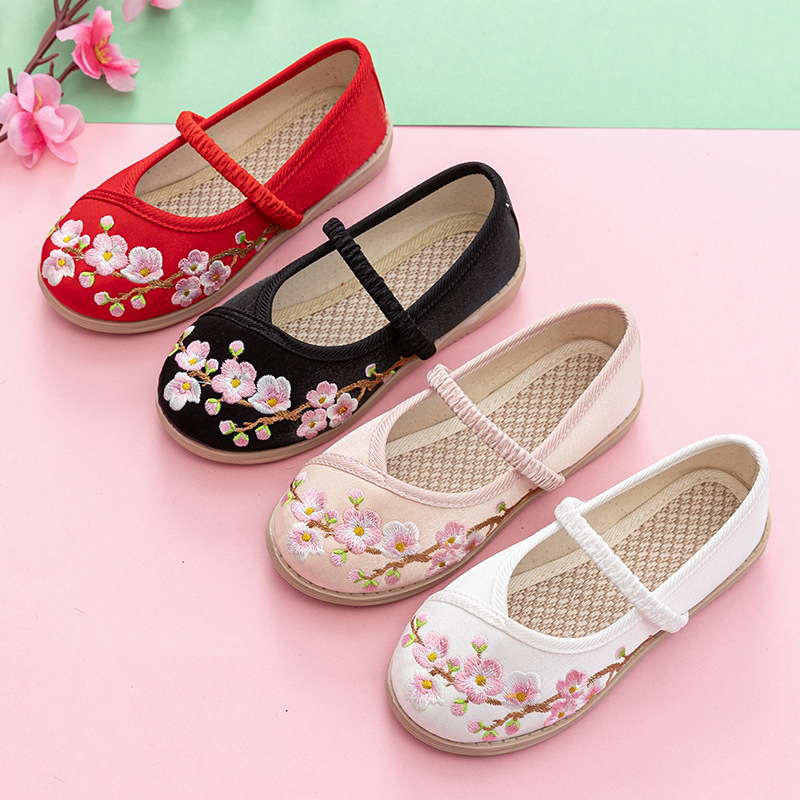 Hanfu tenisice za djevojčice – izvezeni gornji dio od svile, gumeni potplat, elastično kopčanje, karikaturni uzorak, prozračan i lagan Hanfu model za uzrast 1–16 godina