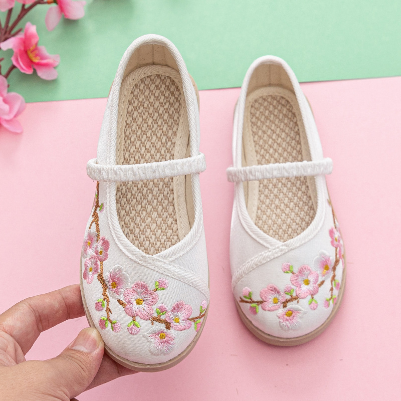 Hanfu tenisice za djevojčice – izvezeni gornji dio od svile, gumeni potplat, elastično kopčanje, karikaturni uzorak, prozračan i lagan Hanfu model za uzrast 1–16 godina