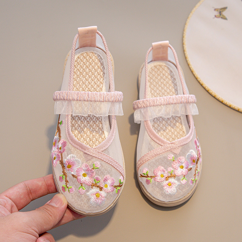 Hanfu tenisice za djevojčice – izvezeni gornji dio od svile, gumeni potplat, elastično kopčanje, karikaturni uzorak, prozračan i lagan Hanfu model za uzrast 1–16 godina