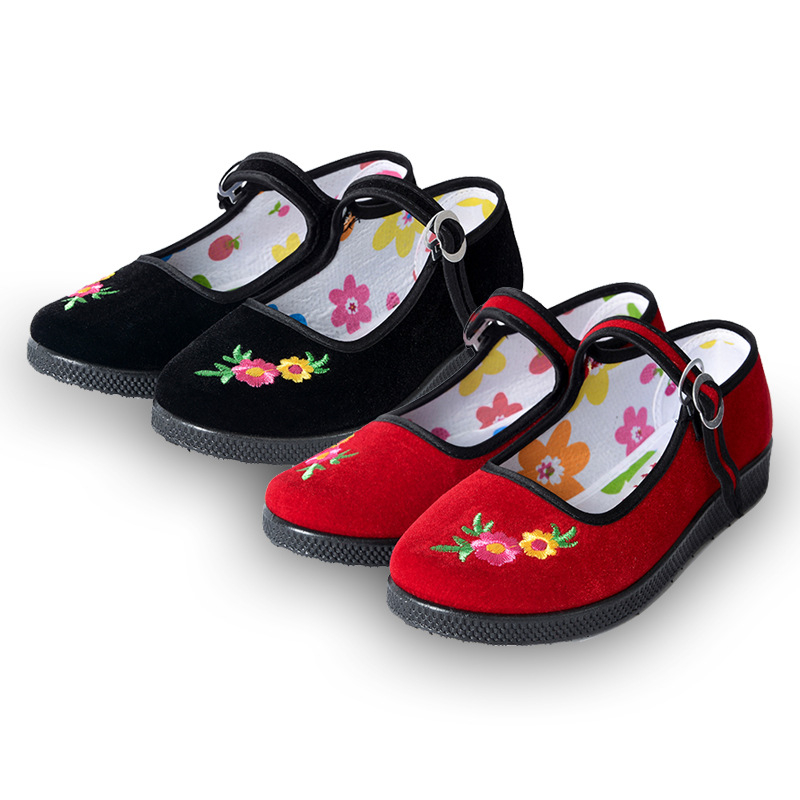 Dječje tradicionalne platnene plesne cipele s velveteen izvezom, gumena potplata, kopča