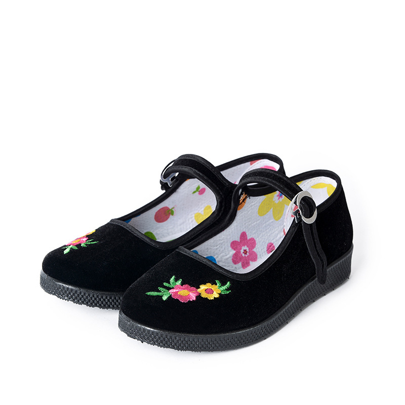 Dječje tradicionalne platnene plesne cipele s velveteen izvezom, gumena potplata, kopča