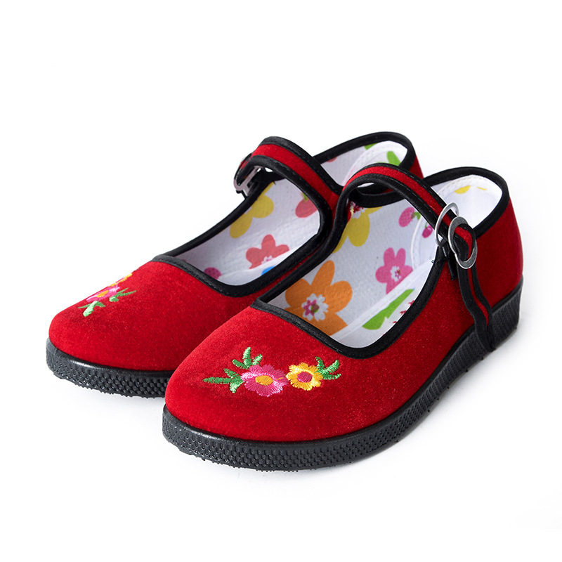 Dječje tradicionalne platnene plesne cipele s velveteen izvezom, gumena potplata, kopča