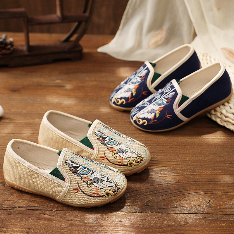 Dječje Hanfu cipele, ručno izrađene, gornji dio od pamuka i lana, s vezom, ravnog dizajna, retro stil, prozračne i lagane